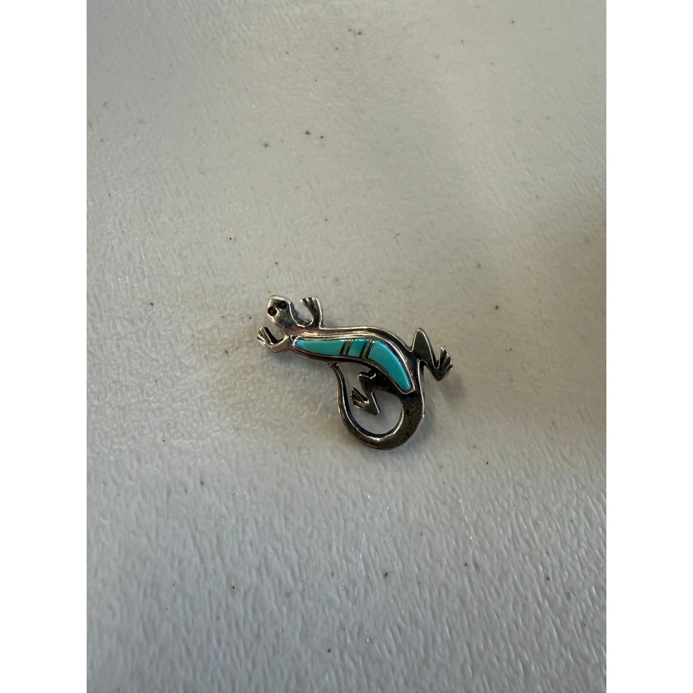 Southwestern Turquoise Inlay Lizard Gecko Pin Silver Tone Animal Brooch